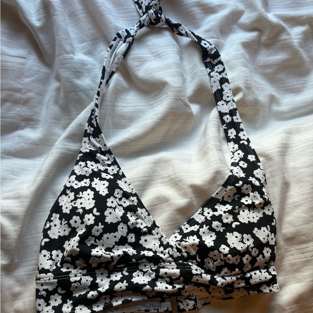 swimsuit black & white flowers //halter/tie